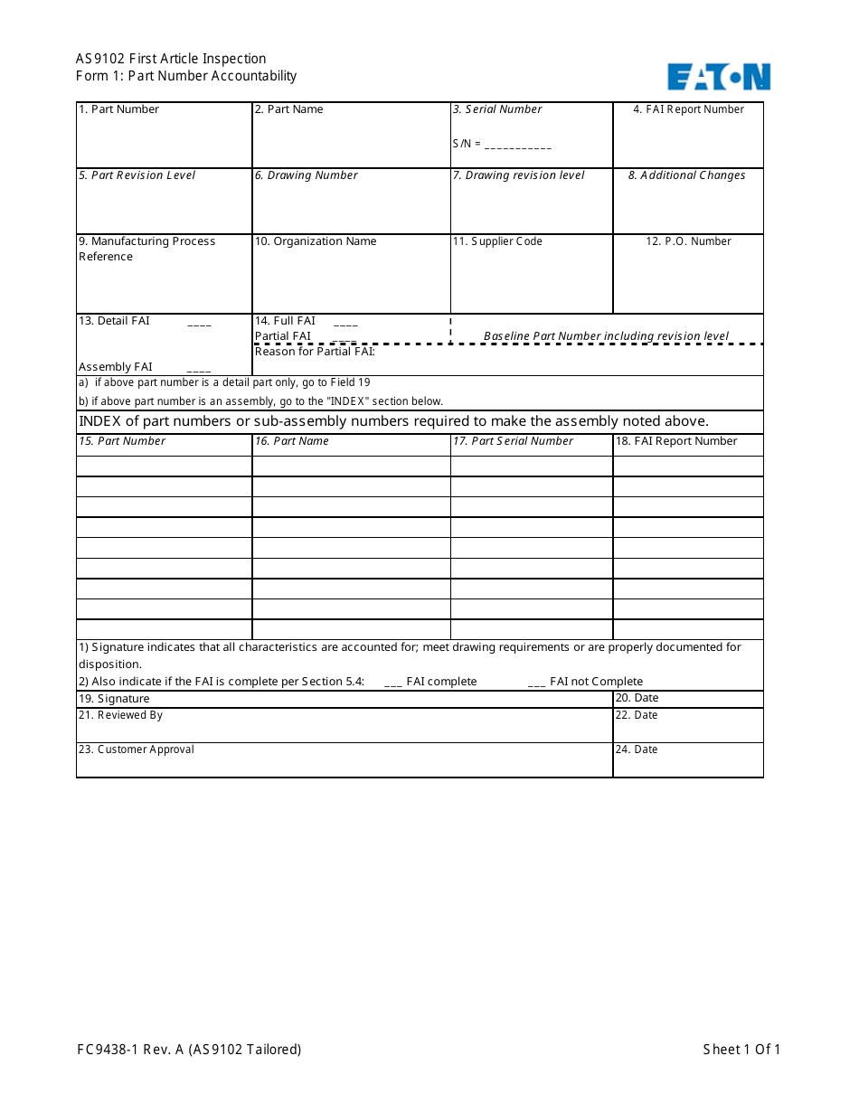 First Article Inspection Form - Eaton, Page 1