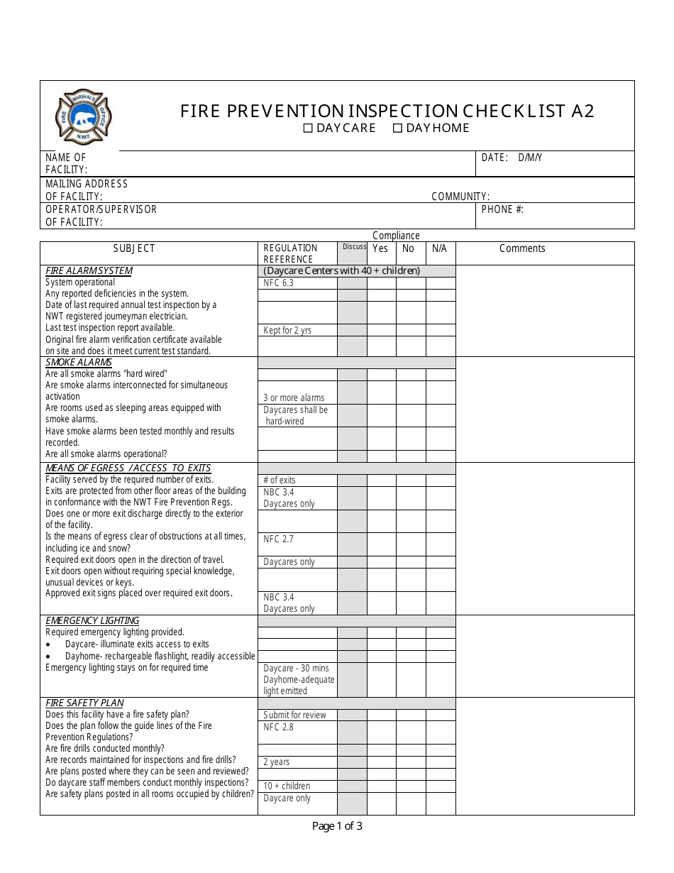 Fire Prevention Inspection Checklist Form - Yellowknife, Canada, Page 1