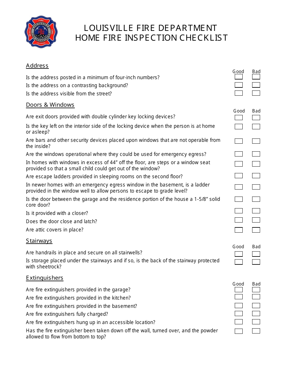 Home Fire Inspection Checklist Form - Louisville, Kentucky, Page 1