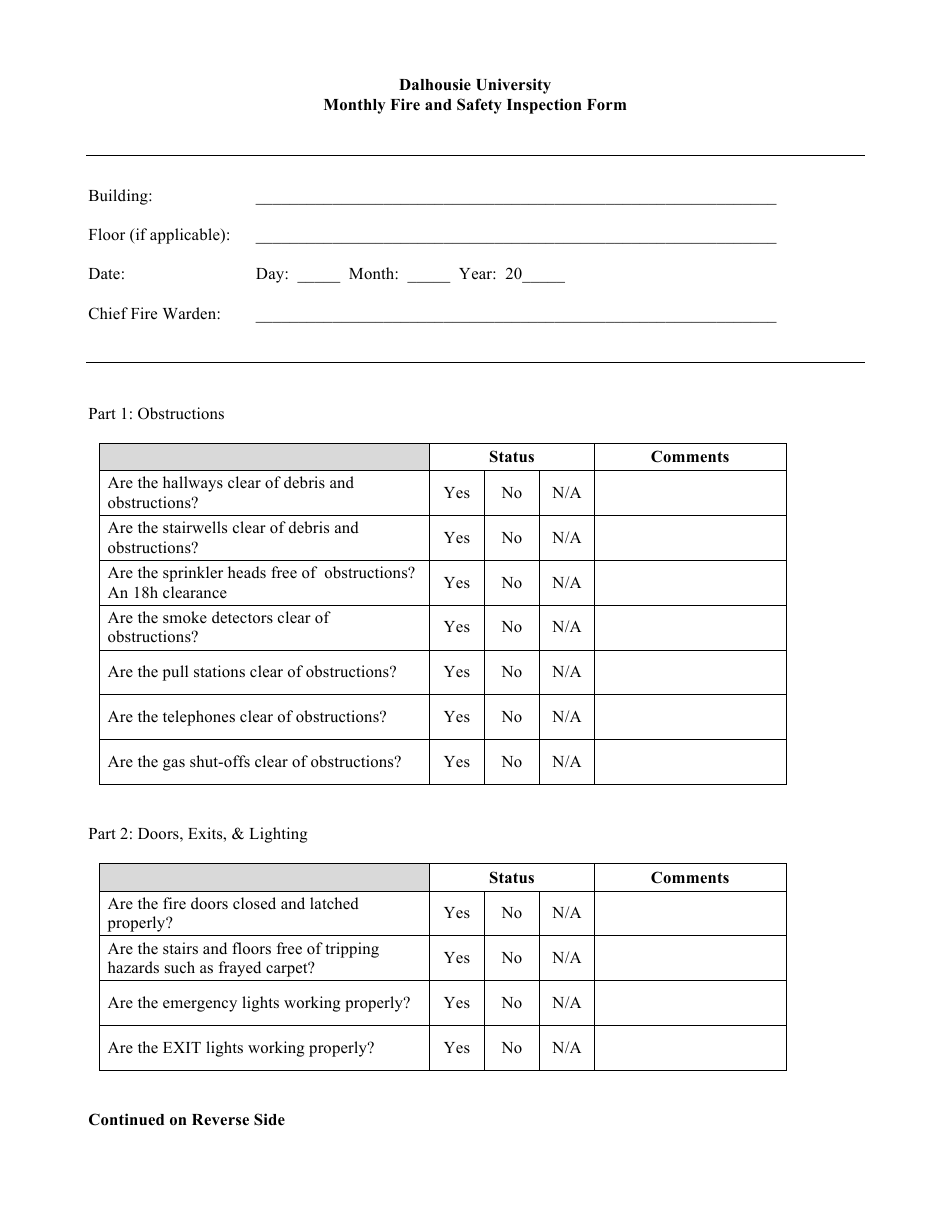 Monthly Fire and Safety Inspection Form, Page 1
