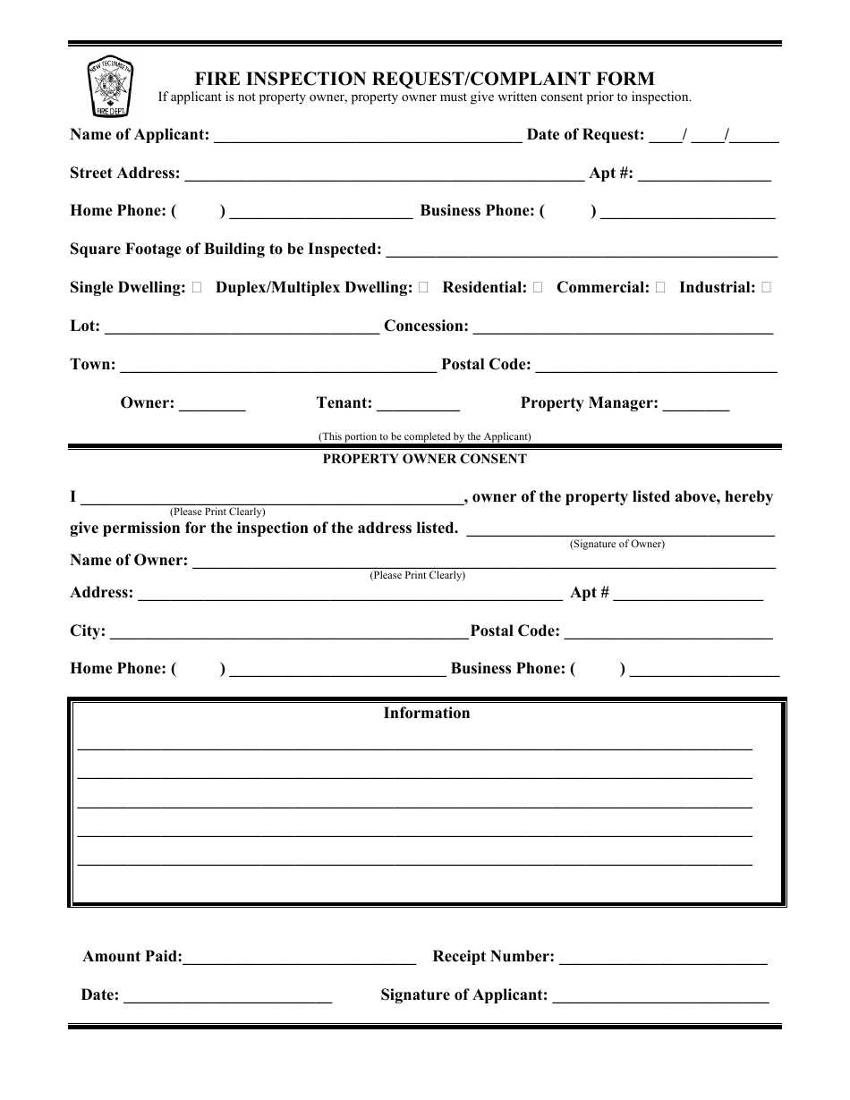 Fire Inspection Request / Compliant Form - New Tecumseth, Ontario, Canada, Page 1