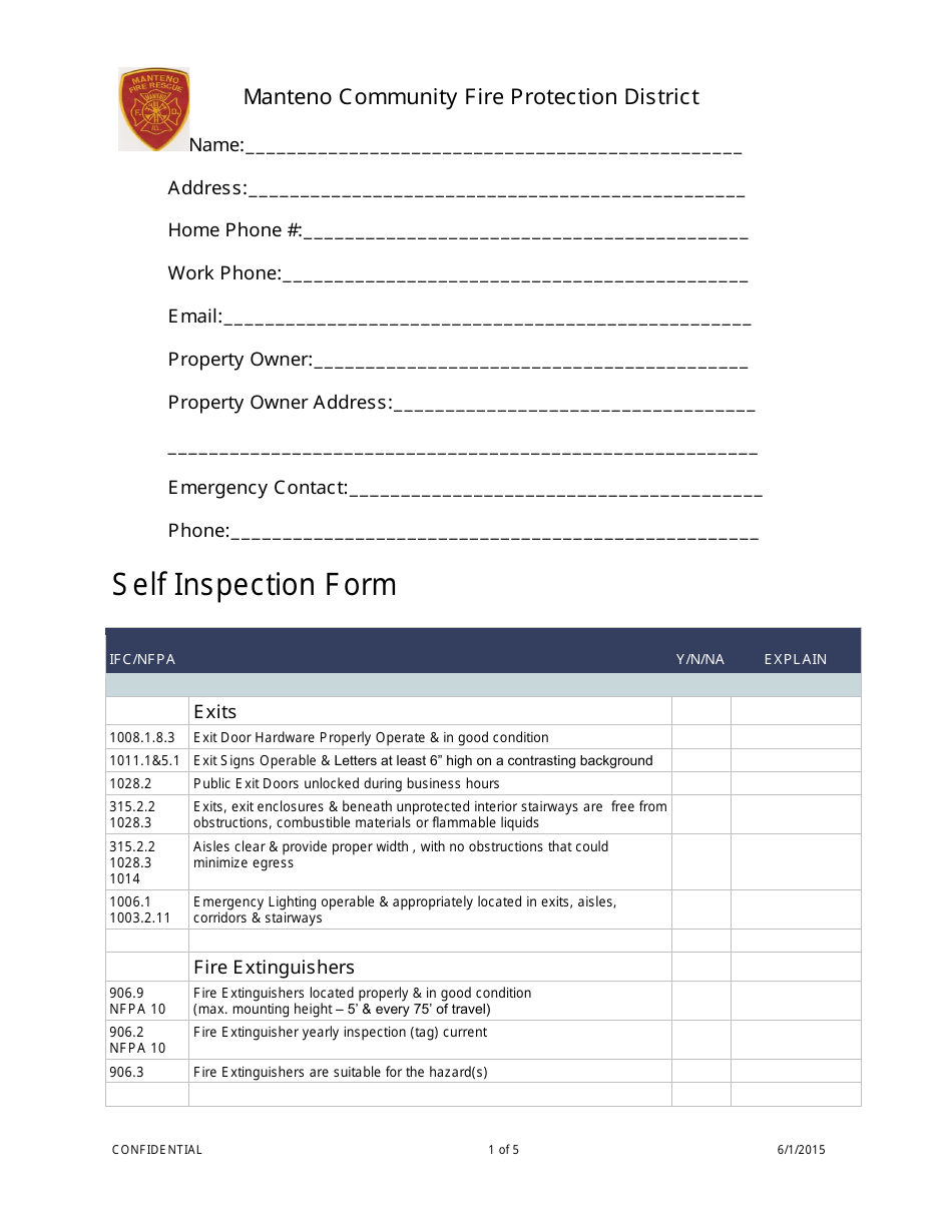 Self Inspection Form - Manteno Community Fire Protection District - Manteno, Illinois, Page 1