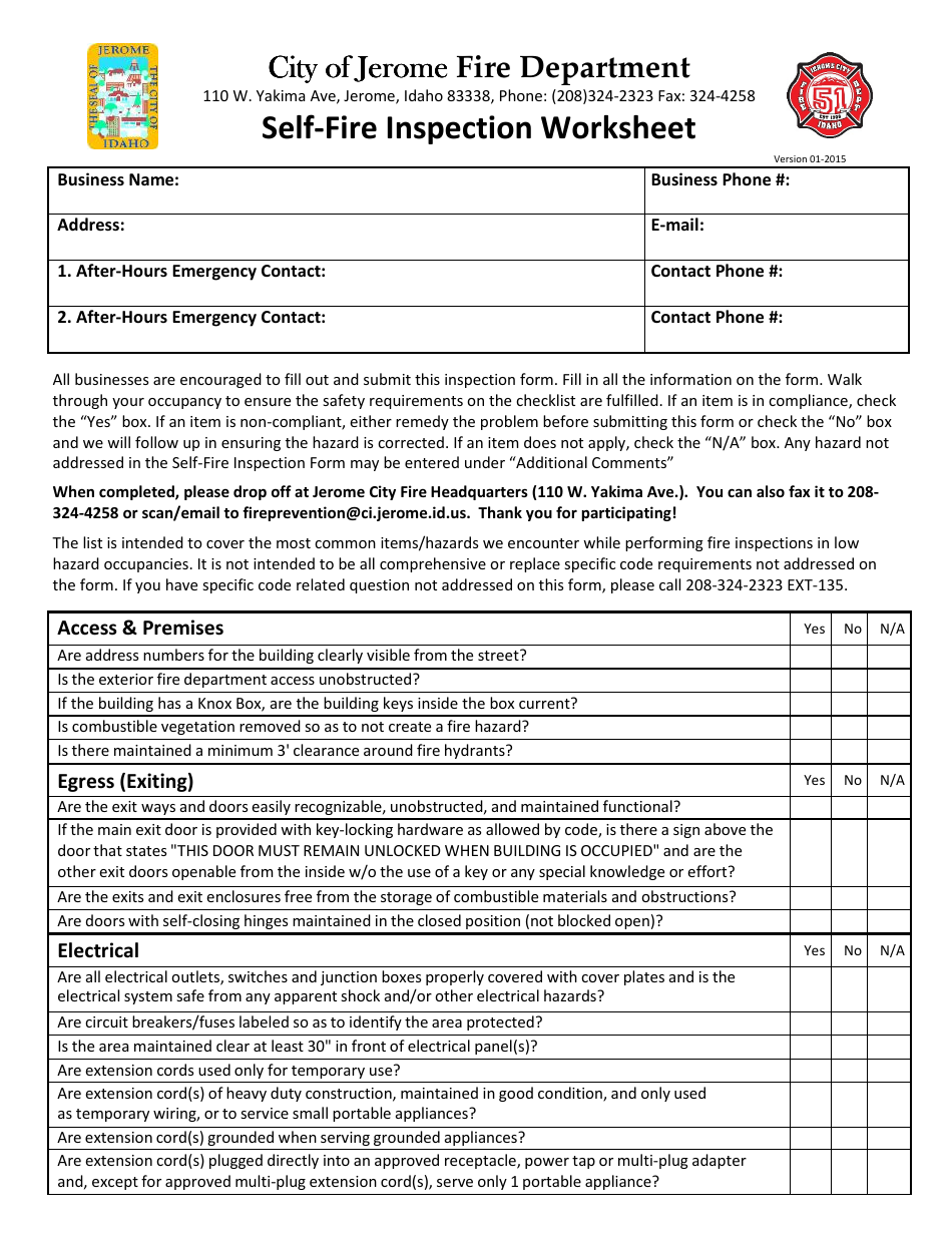 Self-fire Inspection Worksheet - City of Jerome, Idaho, Page 1