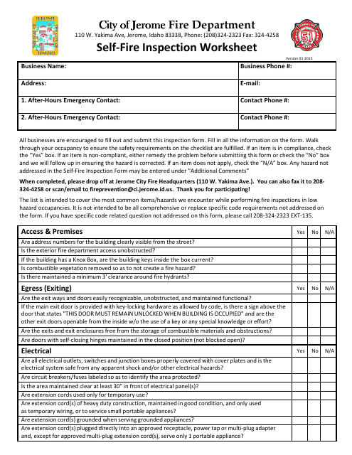 Self-fire Inspection Worksheet - City of Jerome, Idaho Download Pdf