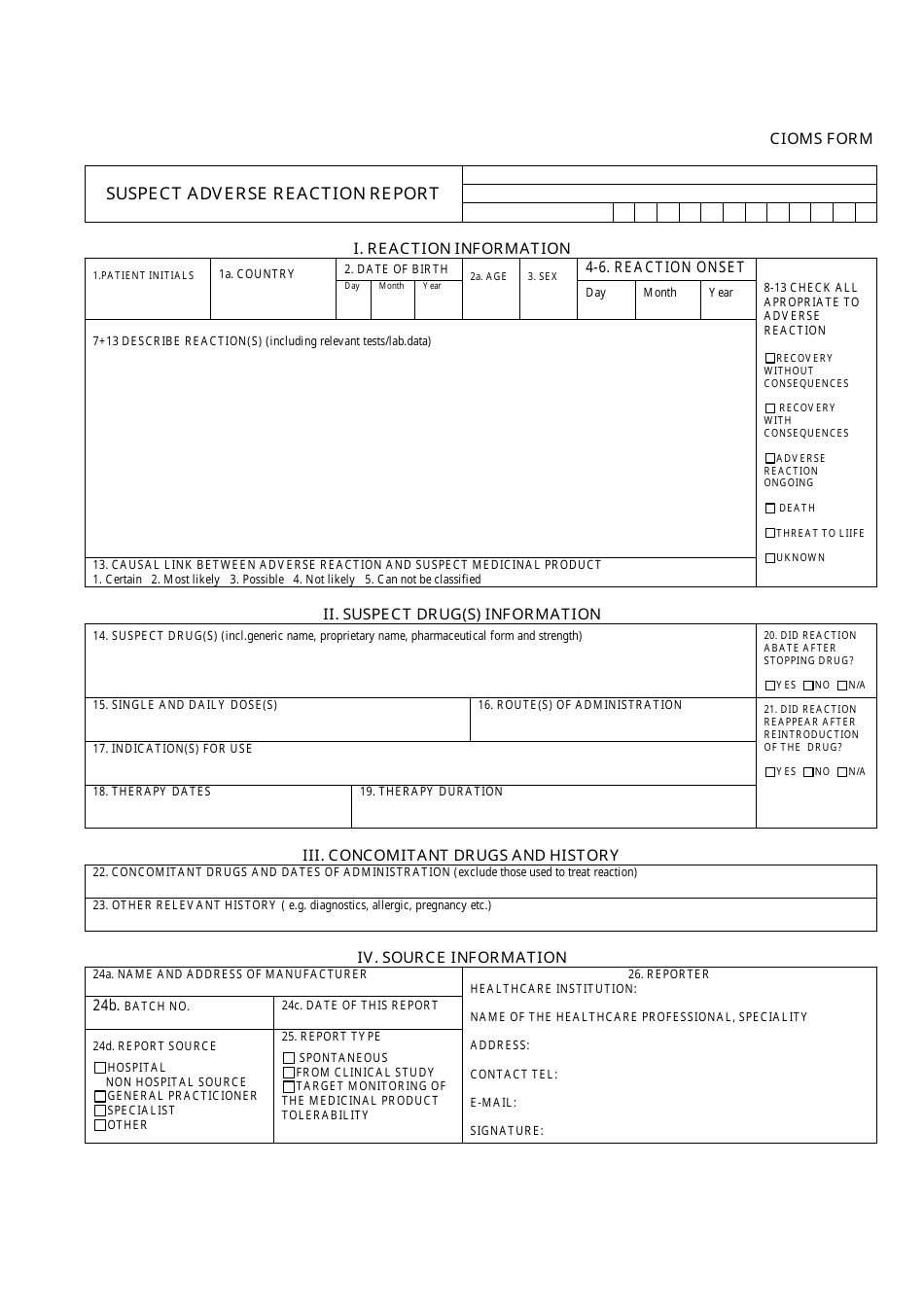 Cioms Form - Suspect Adverse Reaction Report Form - Council for International Organizations of Medical Sciences, Page 1
