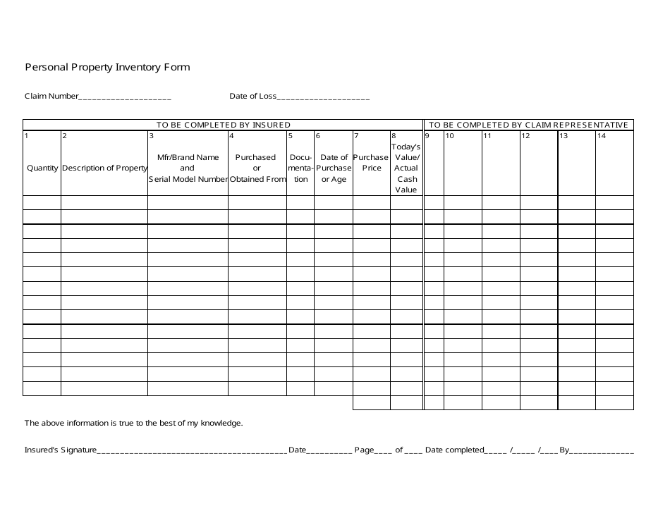 Personal Property Inventory Form, Page 1