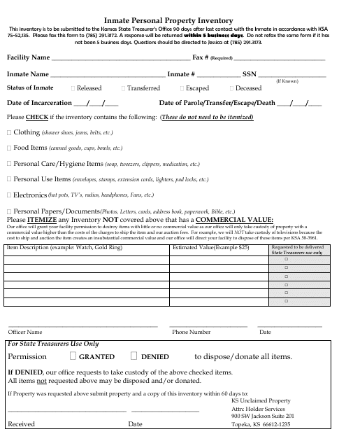 &quot;Inmate Personal Property Inventory Template&quot; - Topeka, Kansas Download Pdf