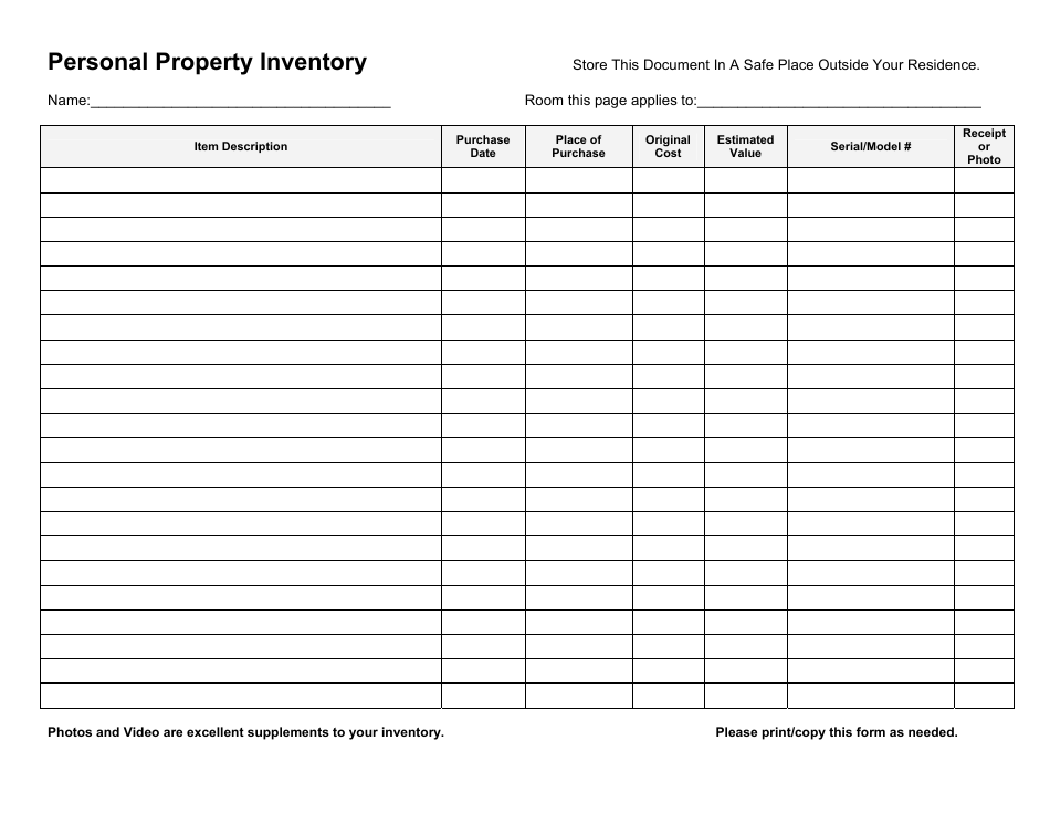 Personal Property Inventory Download Printable PDF Templateroller