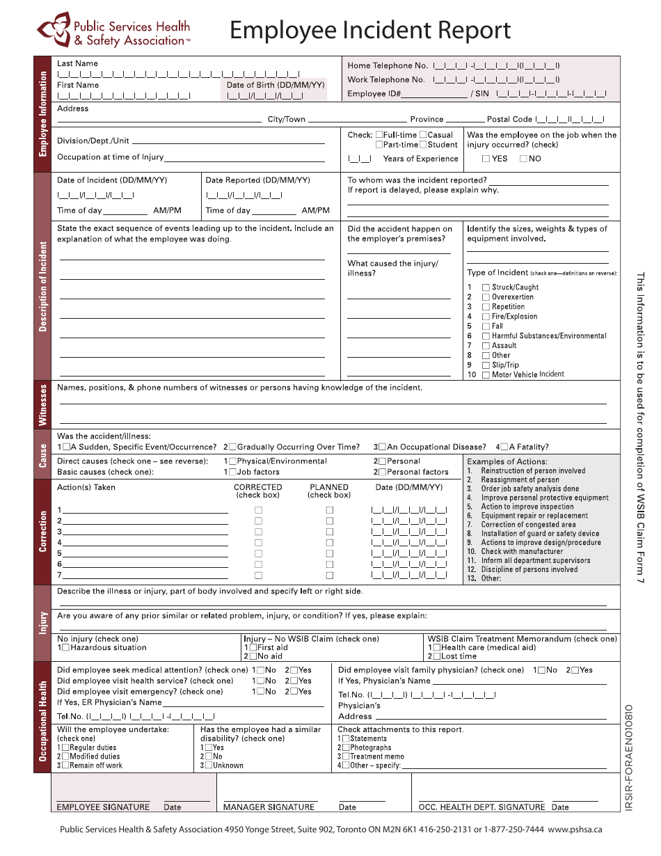 Form IRSIR-FORAEN Employee Incident Report - Public Services Health  Safety Association - Ontario, Canada, Page 1
