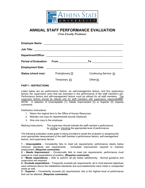 &quot;Annual Staff Performance Evaluation Form - Athens State University&quot; - Alabama Download Pdf