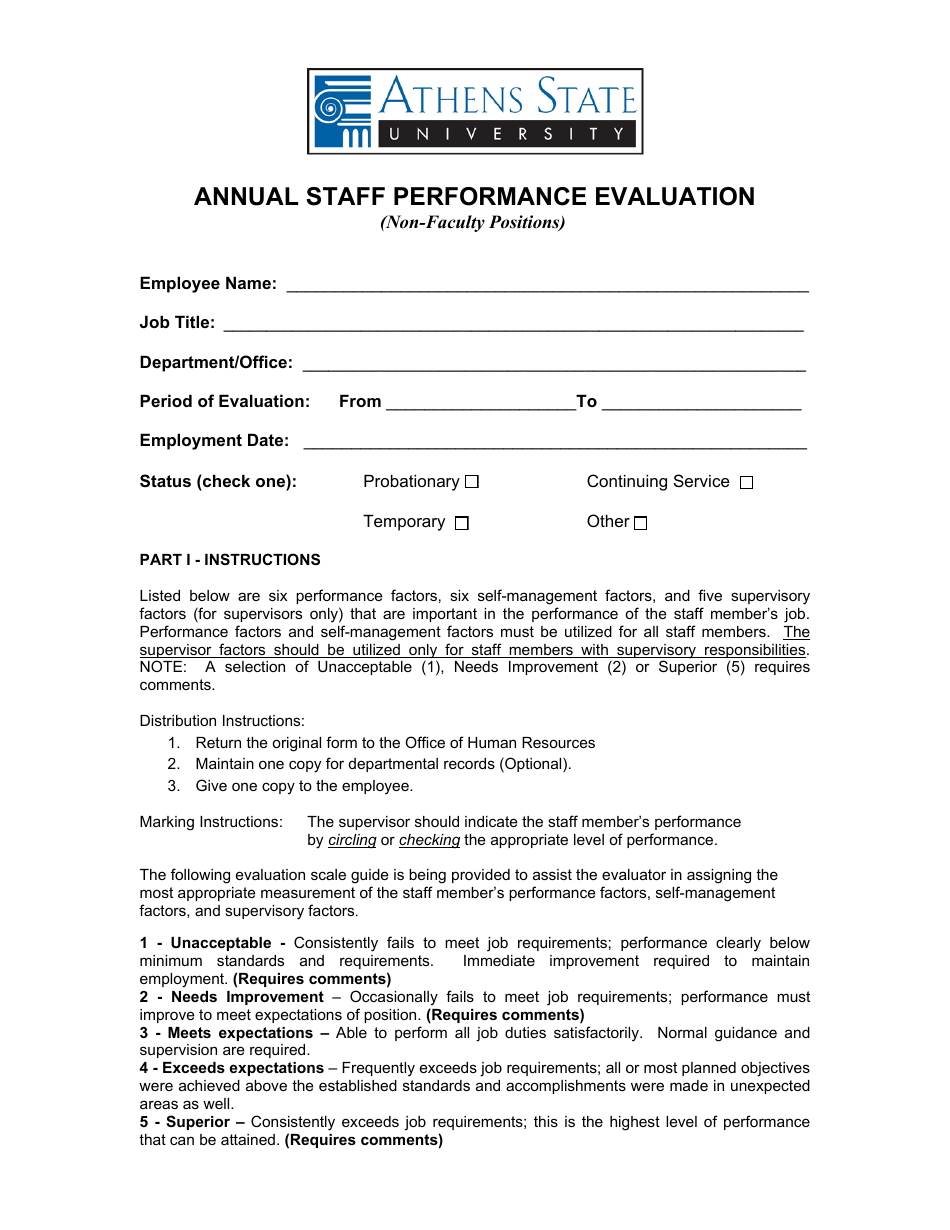 Annual Staff Performance Evaluation Form - Athens State University - Alabama, Page 1