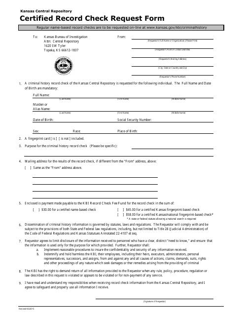 Certified Record Check Request Form - Kansas Download Pdf