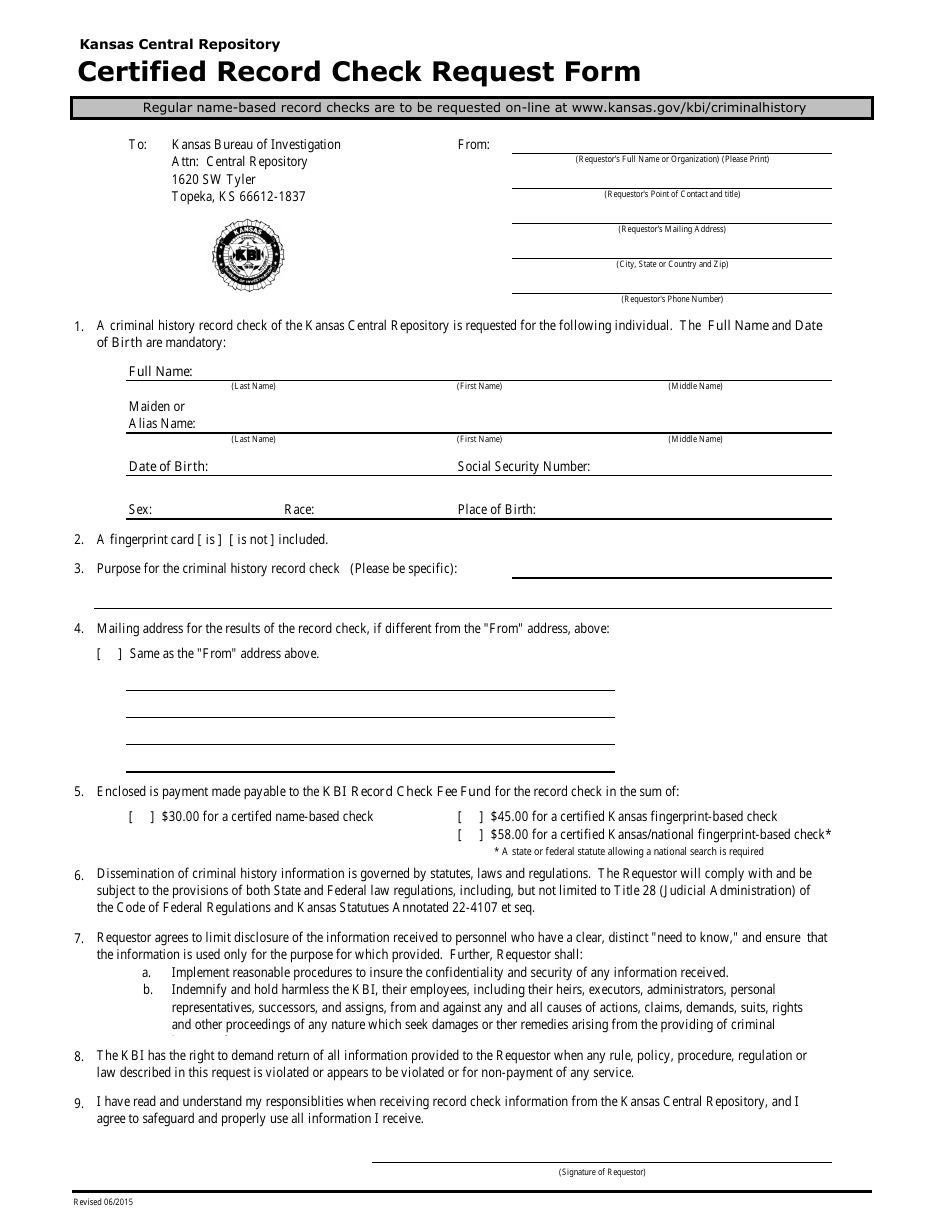 Certified Record Check Request Form - Kansas, Page 1