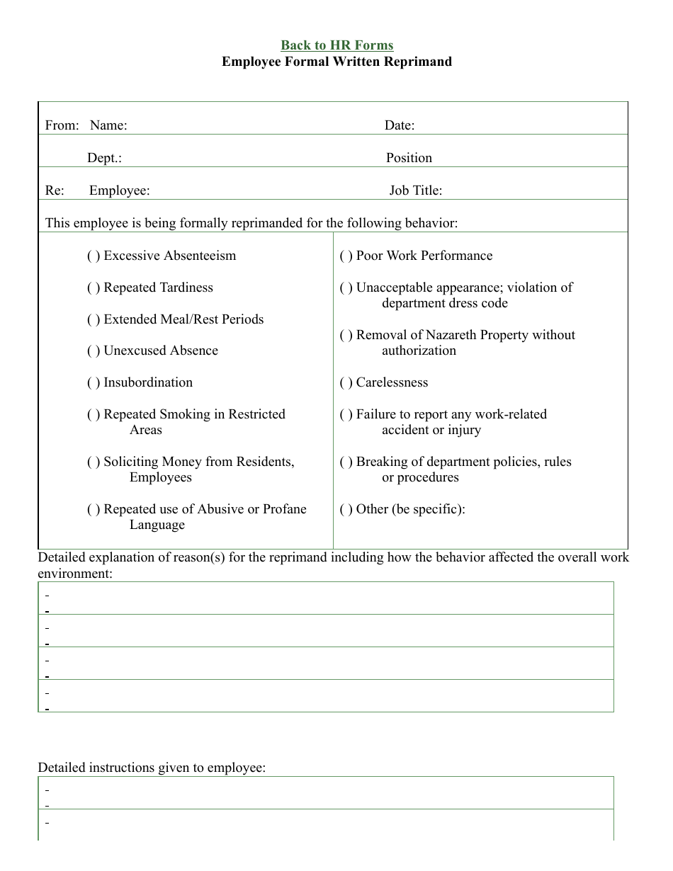 Employee Formal Written Reprimand Template, Page 1