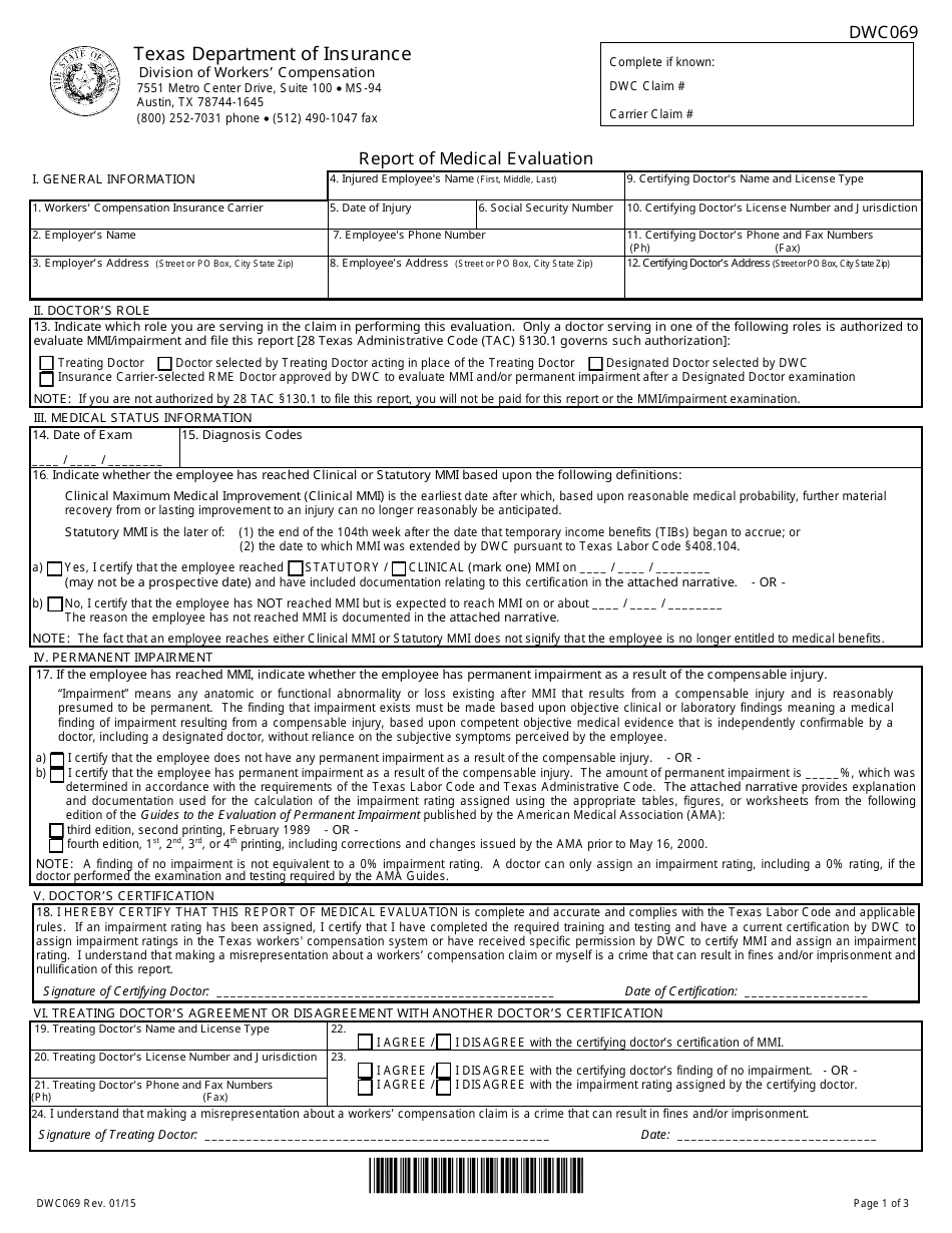 DWC Form 069 Report of Medical Evaluation - Texas, Page 1