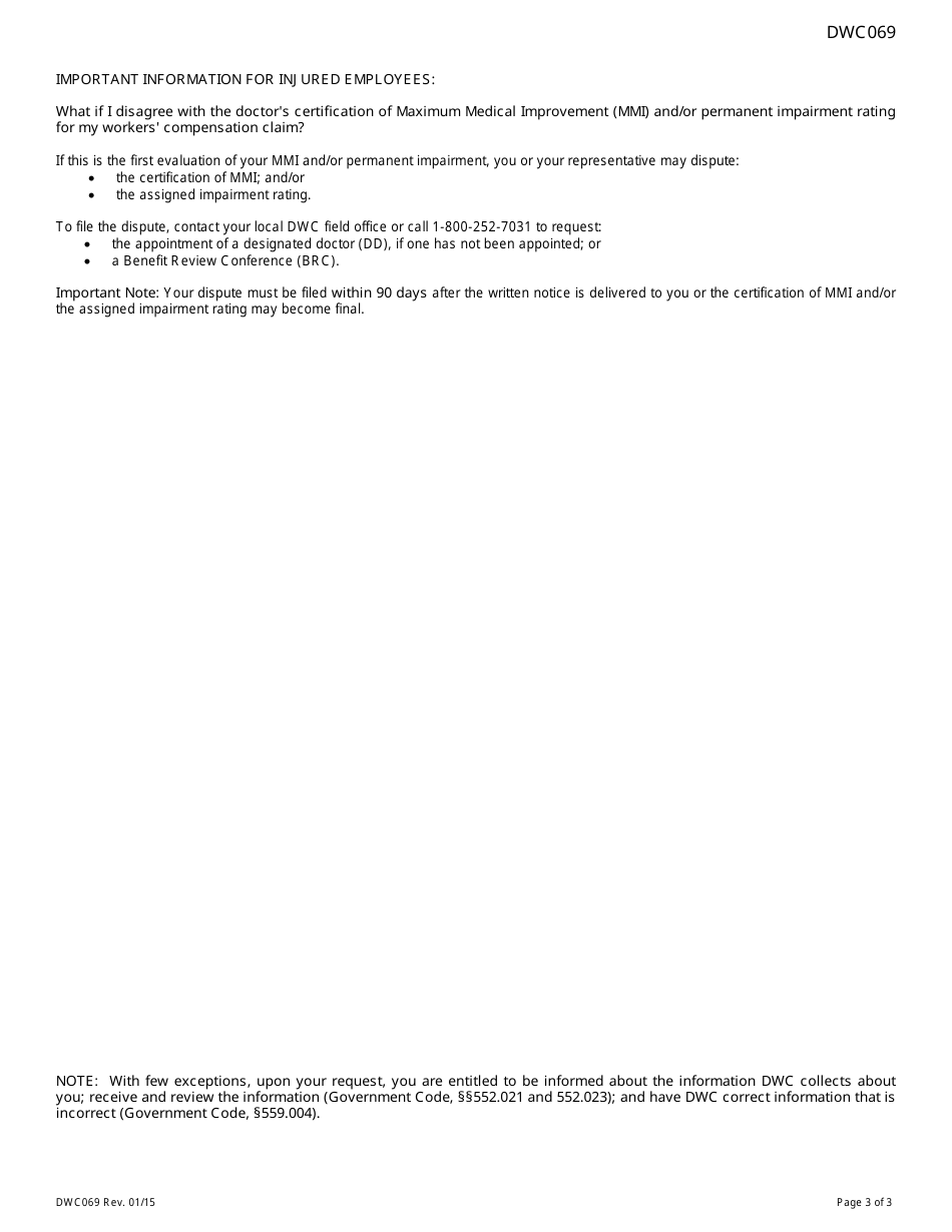 DWC Form 069 Report of Medical Evaluation - Texas, Page 3