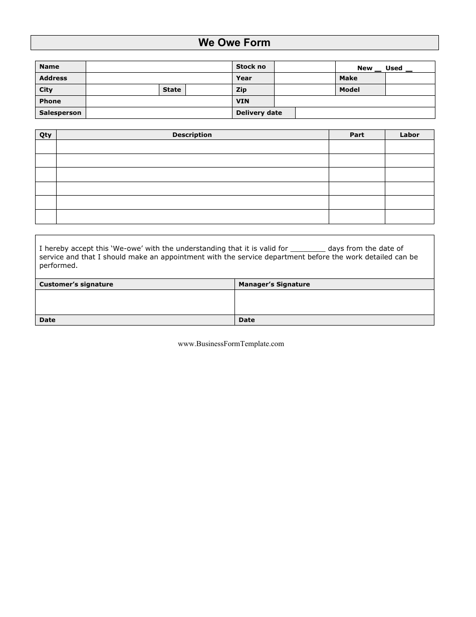 Blank We Owe Form, Page 1