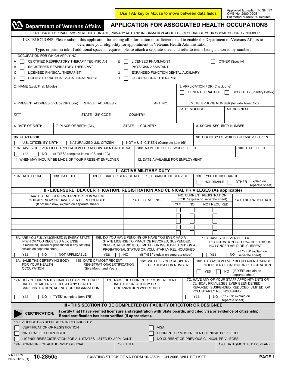 VA Form 10-2850c Application for Associated Health Occupations, Page 1