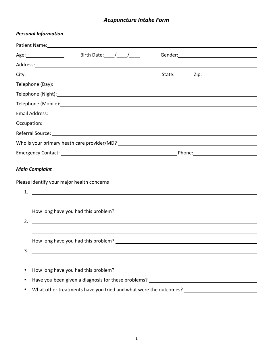 Acupuncture Intake Form, Page 1