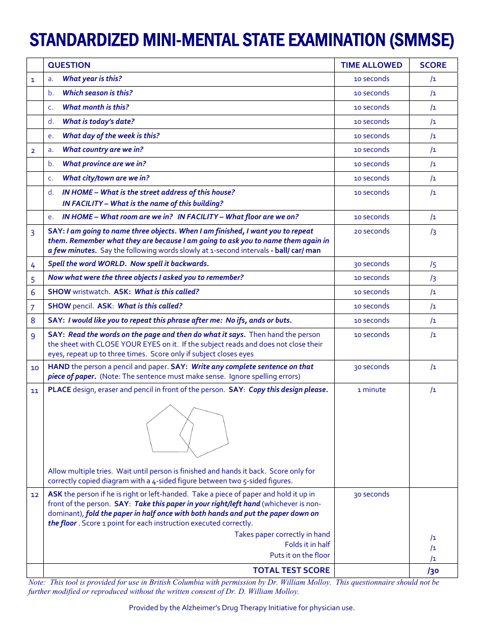 Standardized Mini-Mental State Examination Form - Alzheimers Drug Therapy Initiative - British Columbia, Canada, Page 1