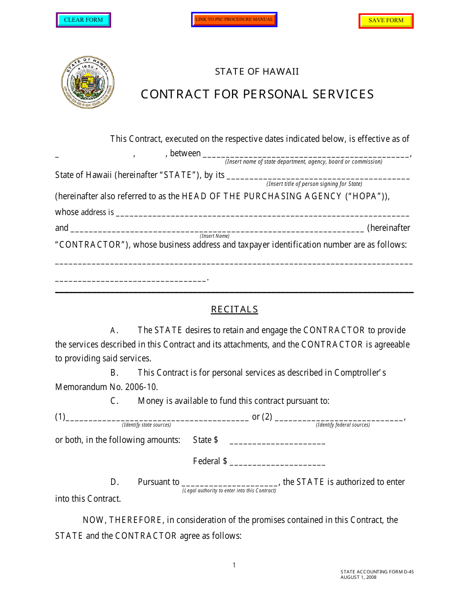 Form D-45 Contract for Personal Services - Hawaii, Page 1