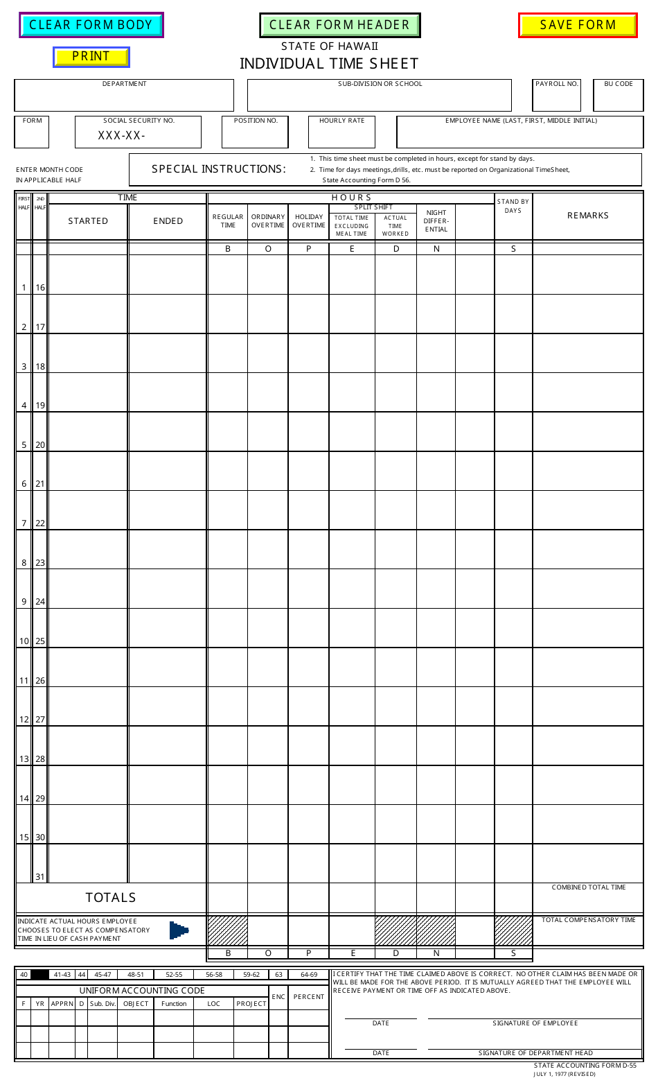 Form D-55 Individual Time Sheet - Hawaii, Page 1