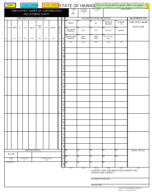 Form D-71 Employer&#039;s Share of Contibution Adjustment Sheet - Hawaii