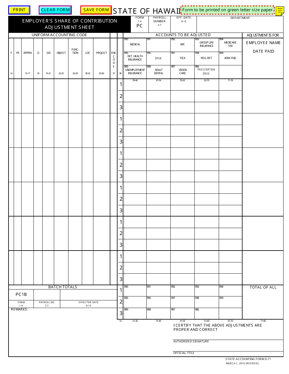 Form D-71 - Fill Out, Sign Online and Download Fillable PDF, Hawaii ...