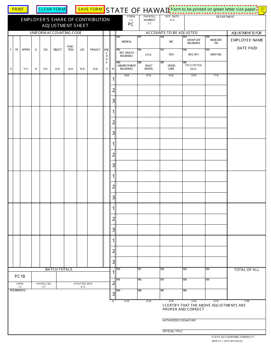 Form D-71 Employers Share of Contibution Adjustment Sheet - Hawaii, Page 1
