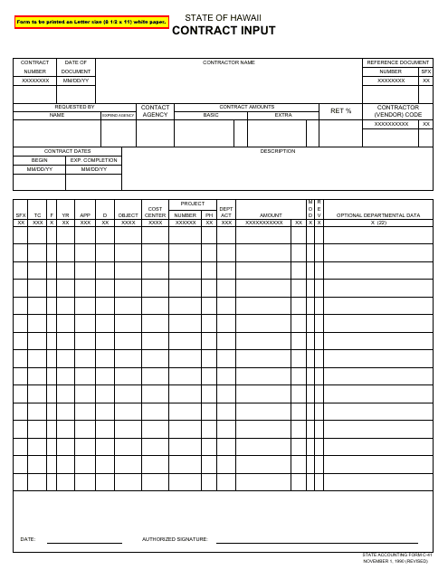Form C-41 Contract Input - Hawaii