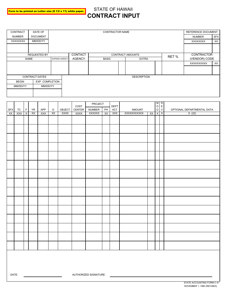 Form C-41 Contract Input - Hawaii, Page 1