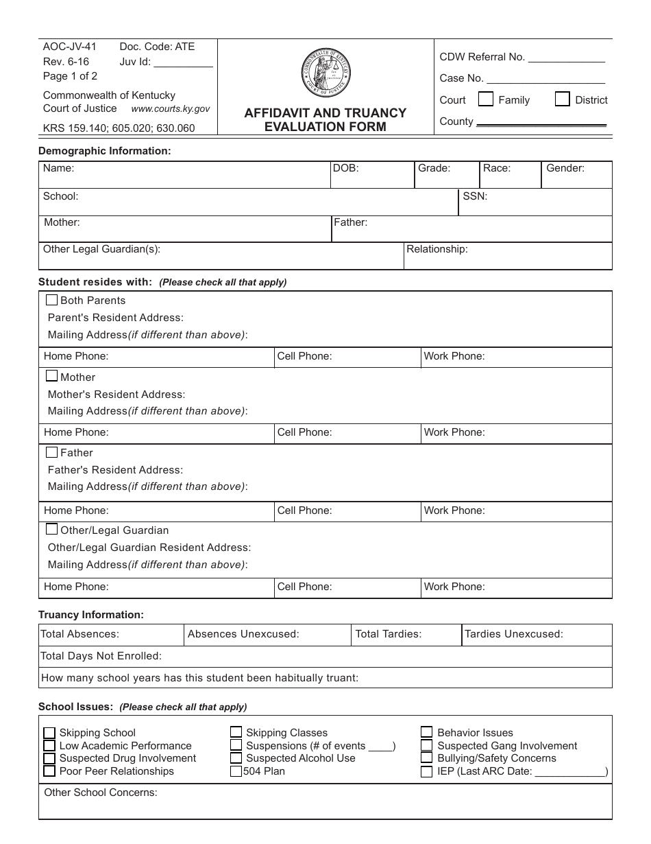 Form AOC-JV-41 Affidavit and Truancy Evaluation Form - Kentucky, Page 1