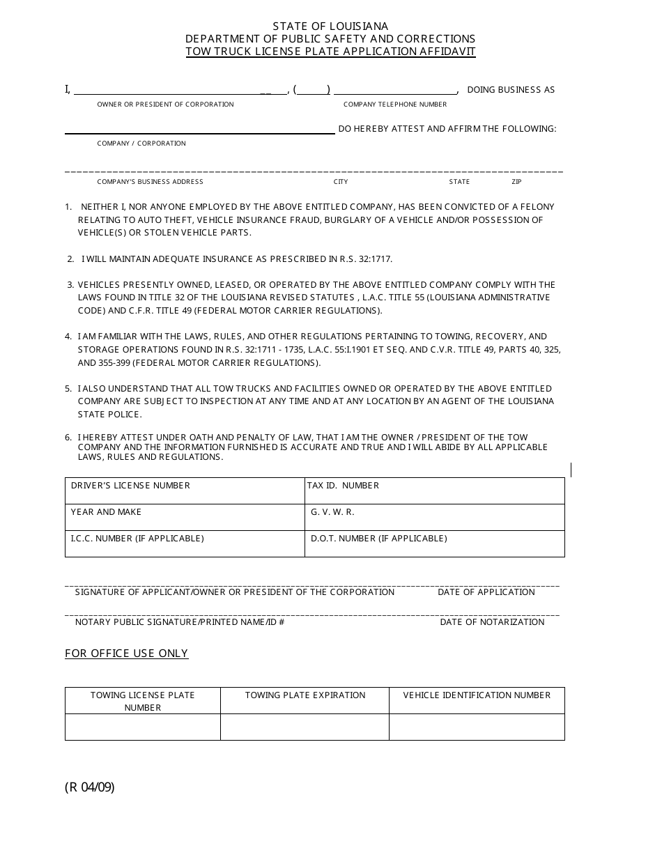 Louisiana Tow Truck License Plate Application Affidavit - Fill Out ...