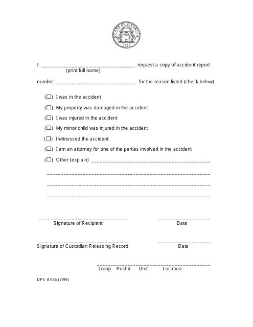 Form DPS536 Accident Report Release Form - Georgia (United States)