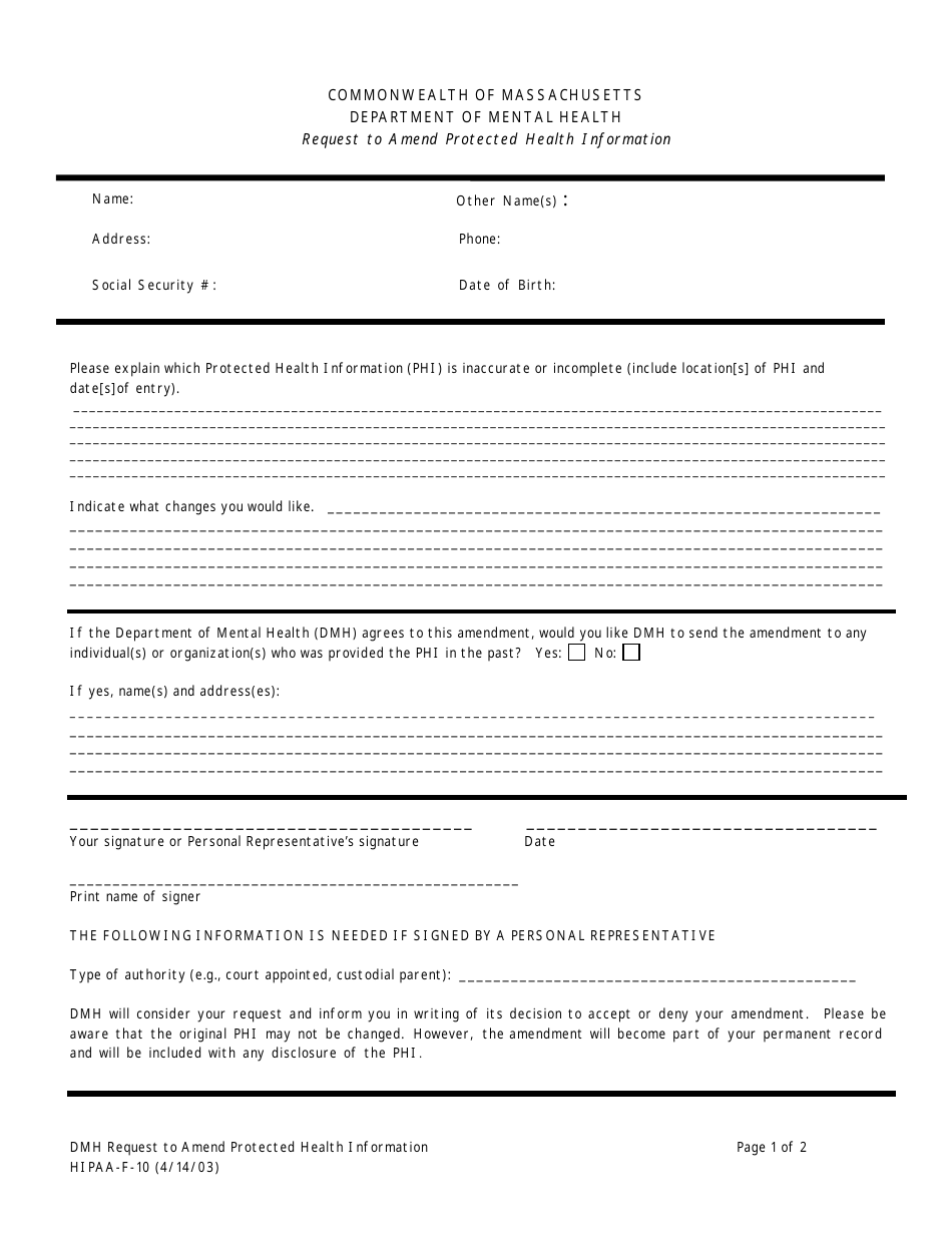 Form HIPAA-F-10 Request to Amend Protected Health Information - Massachusetts, Page 1
