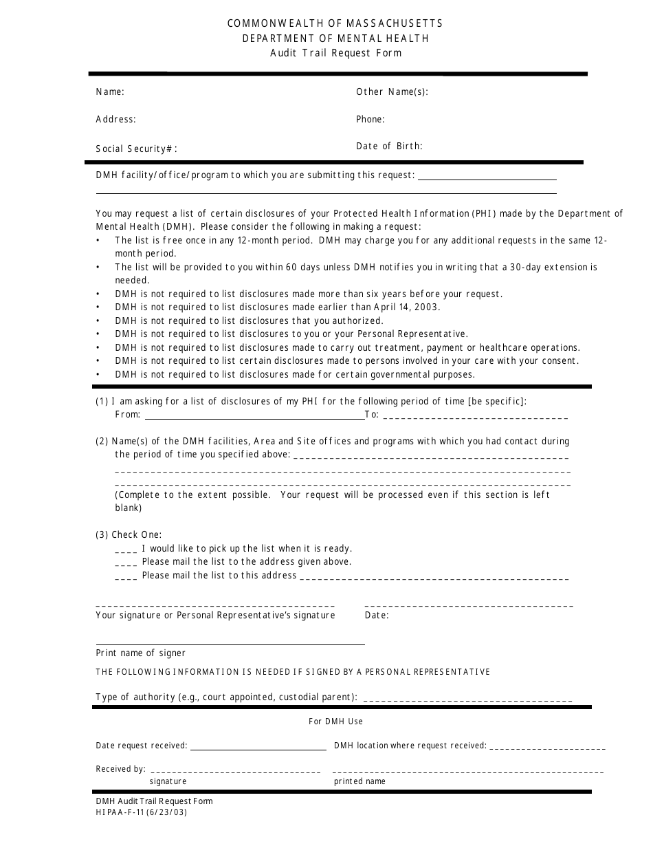 Form HIPAA-F-11 Audit Trail Request Form - Massachusetts, Page 1