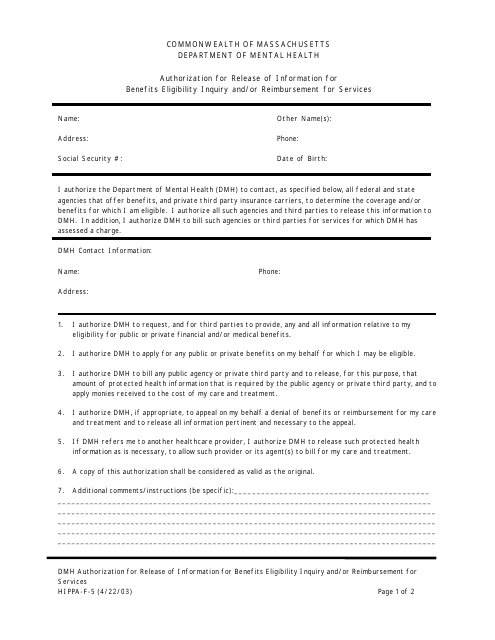 Form HIPPA-F-5 Authorization for Release of Information for Benefits Eligibility Inquiry and/or Reimbursement for Services - Massachusetts