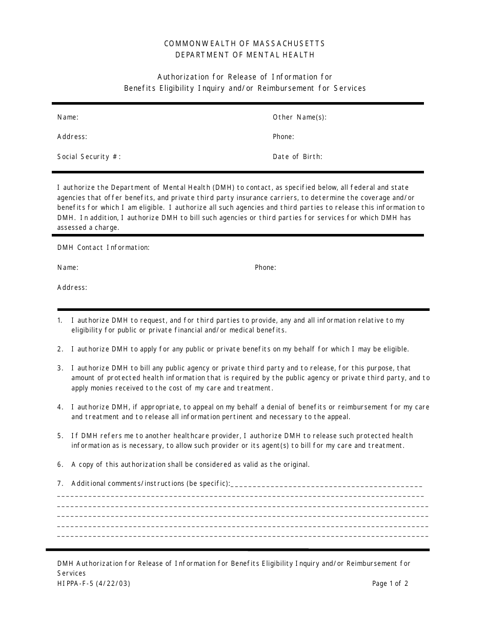 Form HIPPA-F-5 Authorization for Release of Information for Benefits Eligibility Inquiry and / or Reimbursement for Services - Massachusetts, Page 1