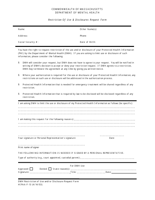 Form HIPAA-F-13 Restriction of Use & Disclosures Request Form - Massachusetts