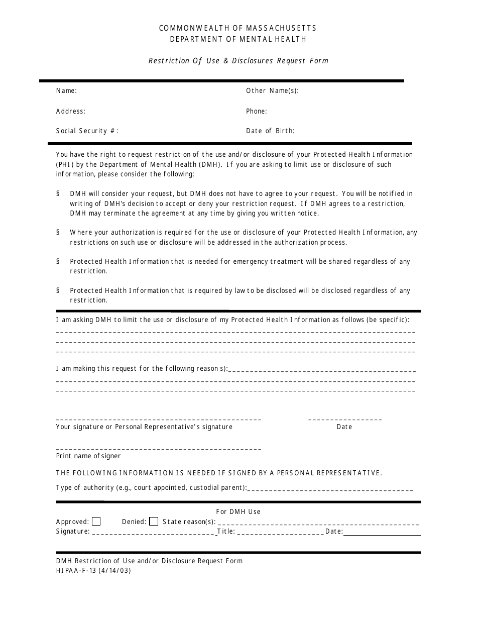 Form HIPAA-F-13 Restriction of Use  Disclosures Request Form - Massachusetts, Page 1