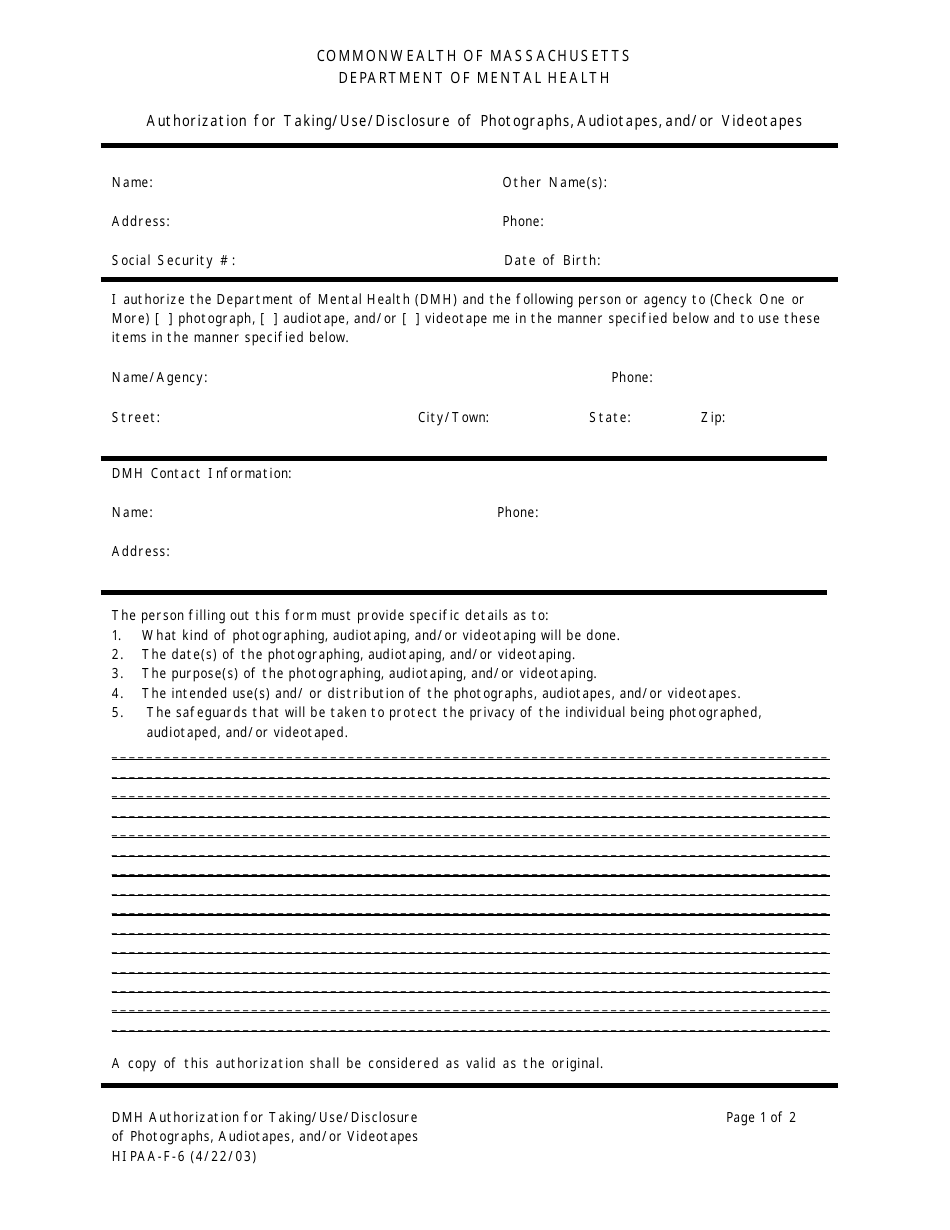 Form HIPAA-F-6 Authorization for Taking / Use / Disclosure of Photographs, Audiotapes, and / or Videotapes - Massachusetts, Page 1