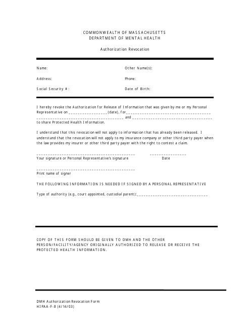 Form HIPAA-F-8 Authorization Revocation - Massachusetts