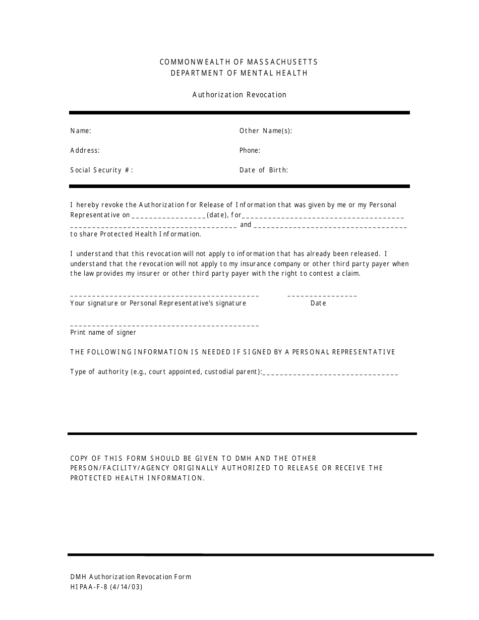 Form HIPAA-F-8 Authorization Revocation - Massachusetts, Page 1