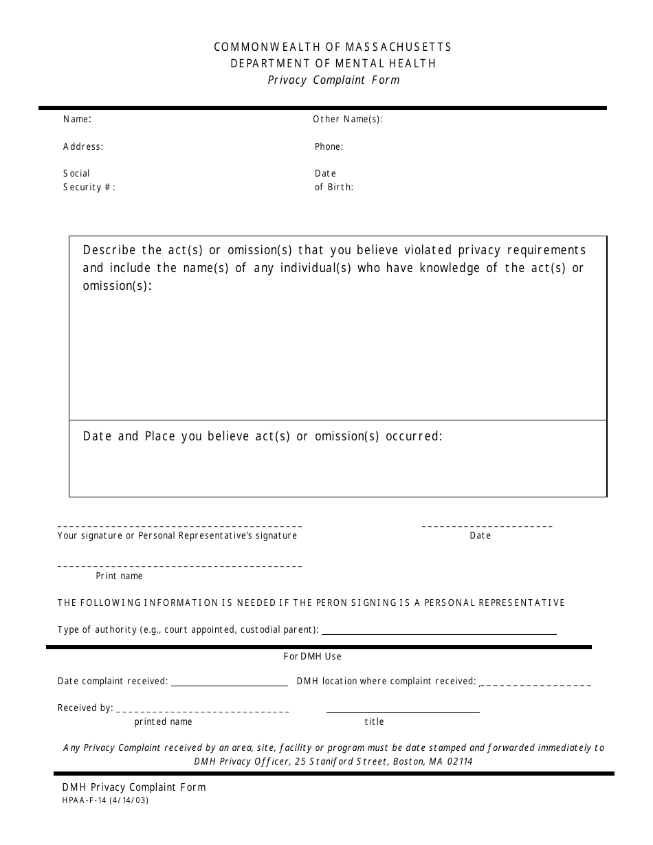 Form HPAA-F-14 Privacy Complaint Form - Massachusetts, Page 1