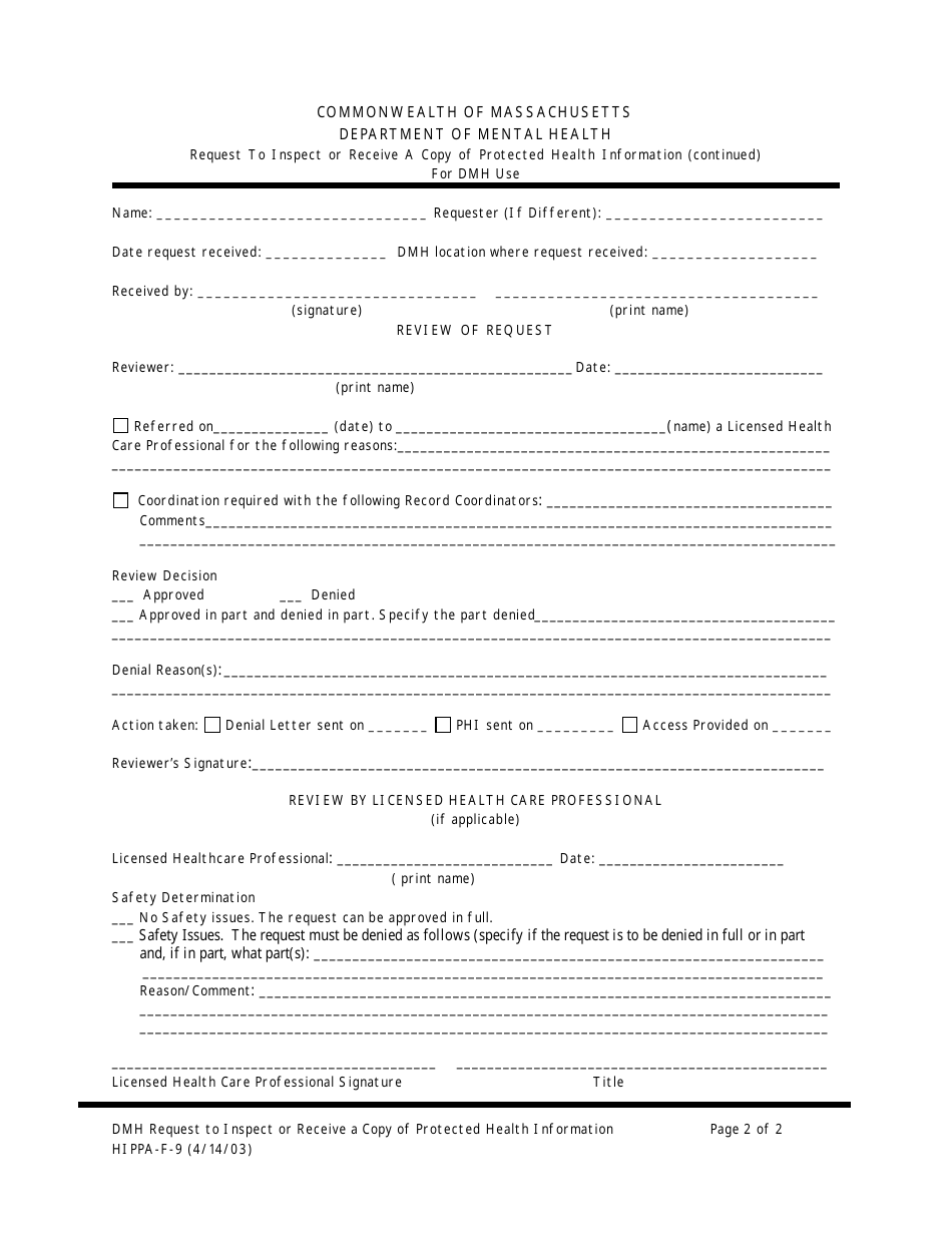 Form HIPPA-F-9 Download Printable PDF or Fill Online Request to Inspect ...