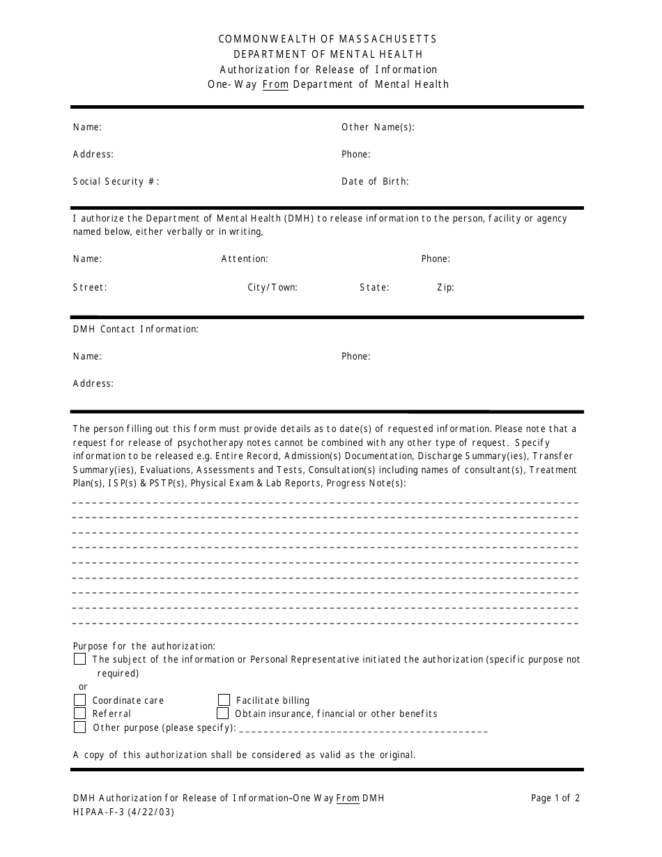 Form HIPAA-F-3 Authorization for Release of Information One-Way From Department of Mental Health - Massachusetts, Page 1