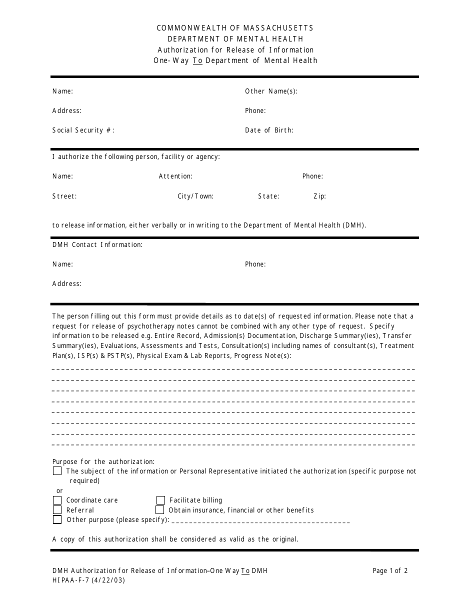 Form HIPAA-F-7 Authorization for Release of Information One-Way to Department of Mental Health - Massachusetts, Page 1