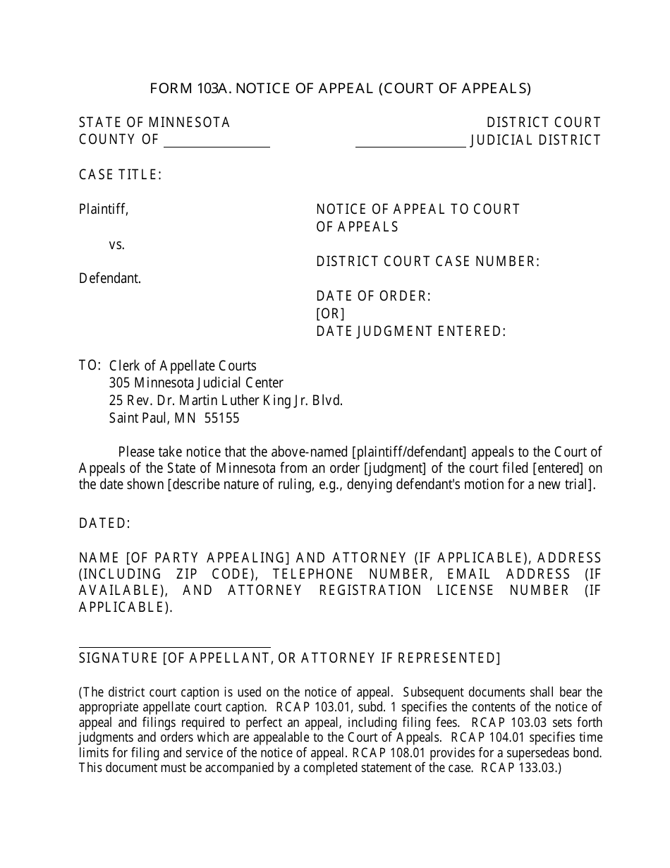 Form 103A Notice of Appeal (Court of Appeals) - Minnesota, Page 1