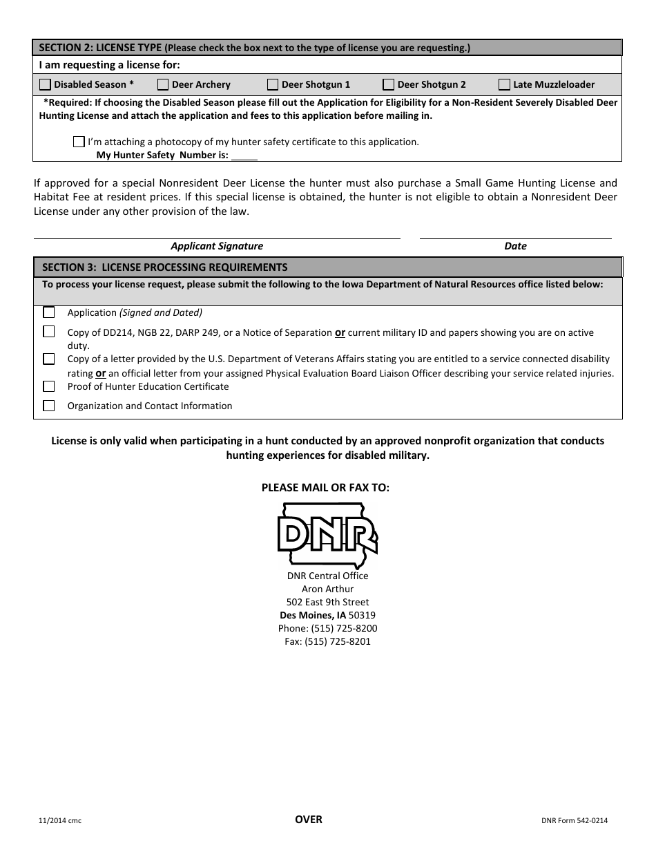 DNR Form 542-0214 Application for Iowa Special Nonresident Disabled Military Deer License - Iowa, Page 2