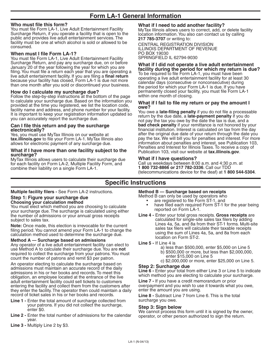 Instructions for Form LA-1 Live Adult Entertainment Facility Surcharge Return - Illinois, Page 1